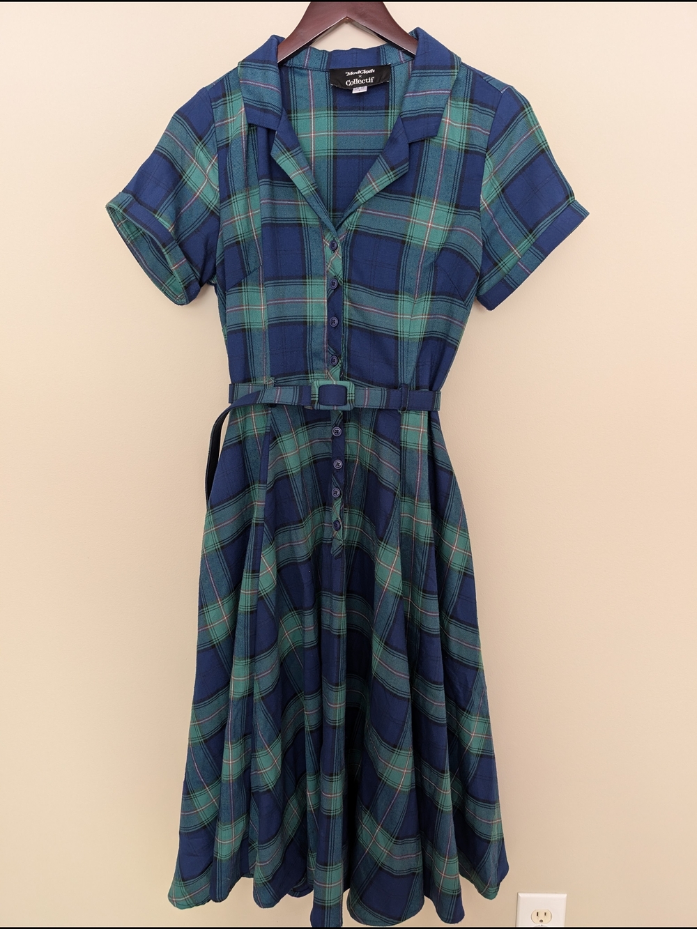 ModCloth Navy & Green Plaid Midi Shirt Dress with Belt